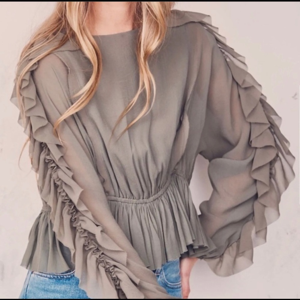 Love shack fancy silk ruffle olive green top M Anthropologie